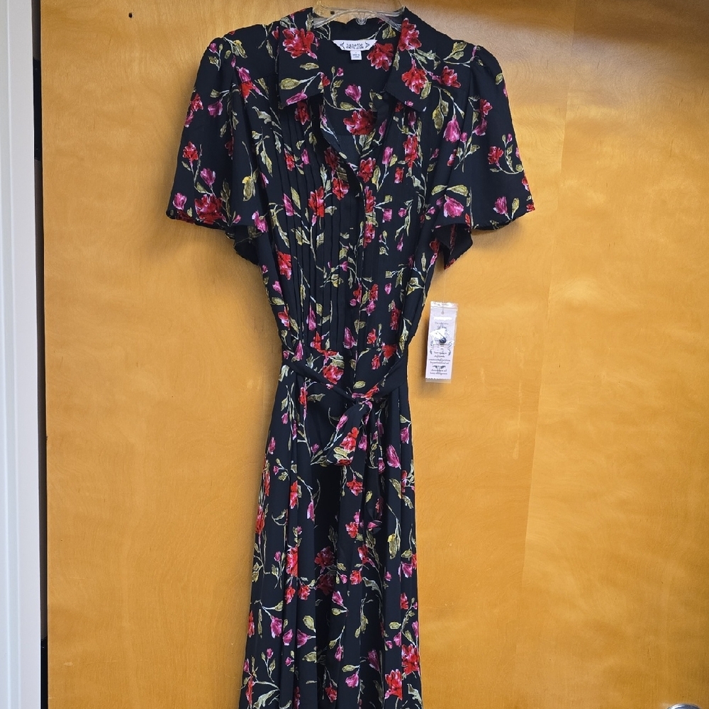Nanette Lepore Black Floral Midi Dress Size 4 Short Sleeves‎